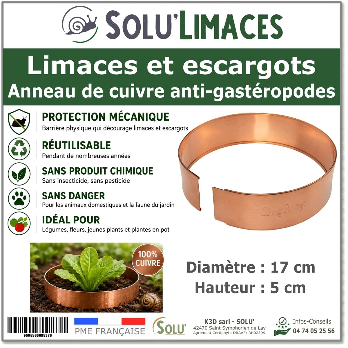 Anneau de Cuivre Anti-Limaces et Escargots – Barrière Physique pour Salades et Jeunes Plants, SOLU