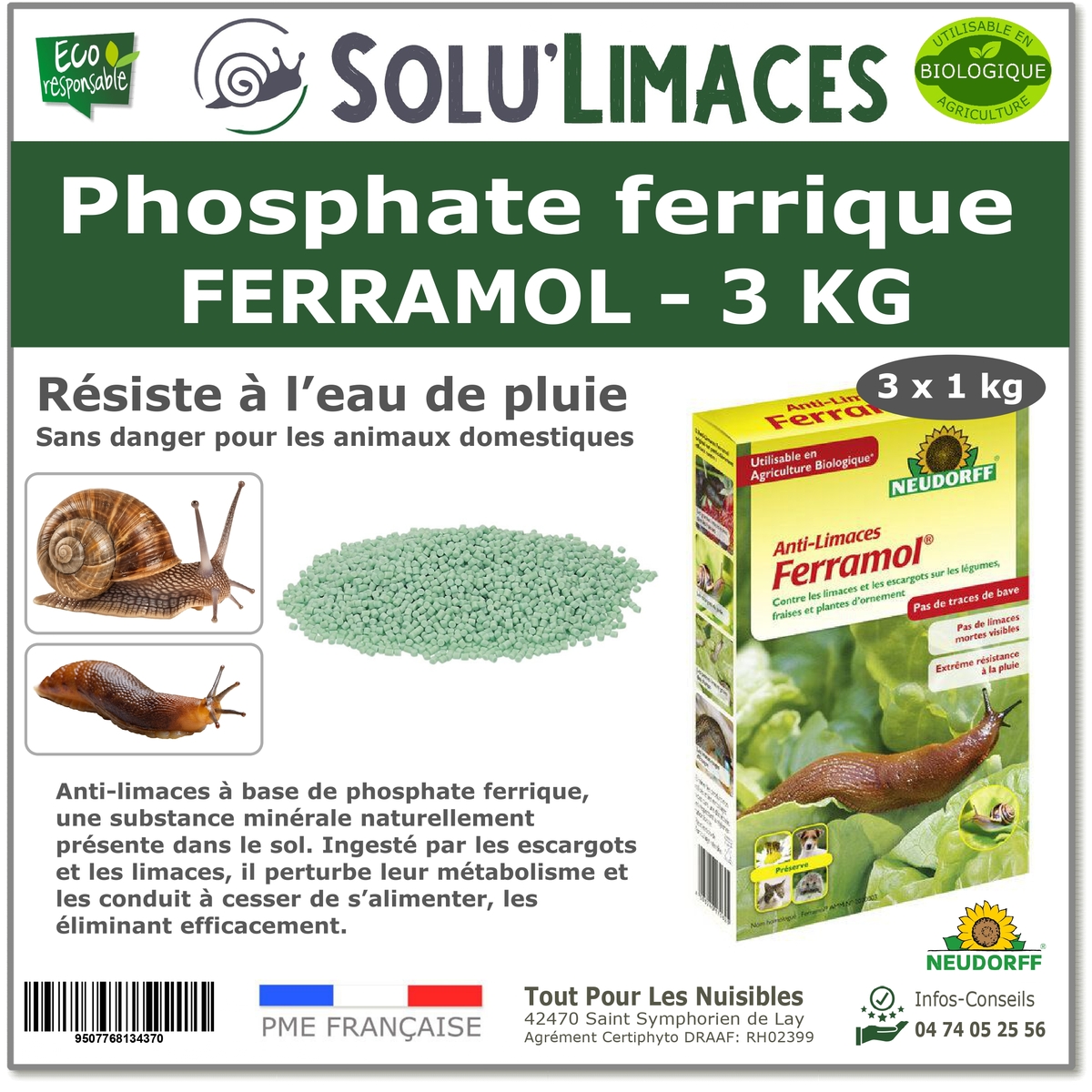 Anti-limaces et escargots, Ferramol Neudorff - 3 Cartons avec bec verseur de 1kg