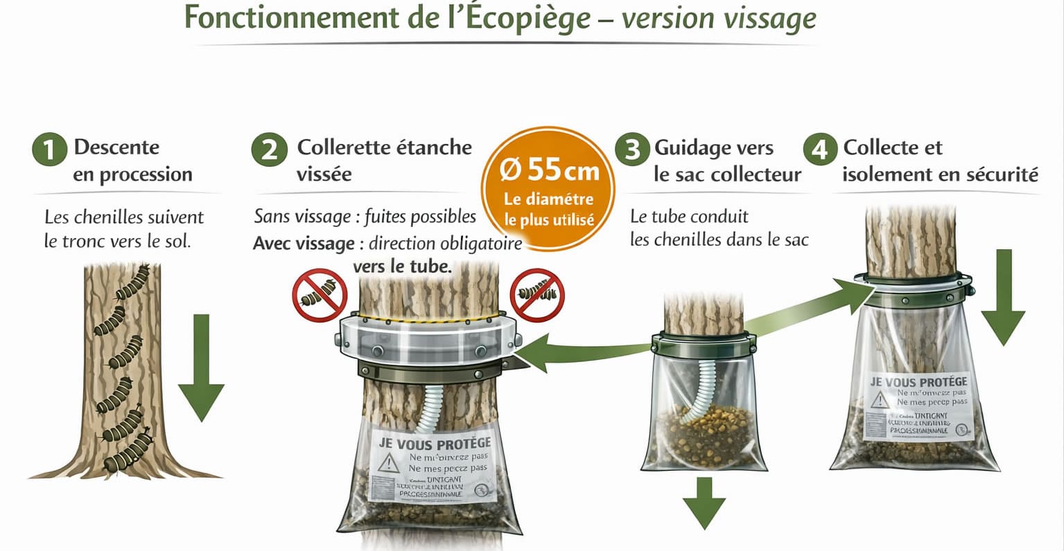 Schéma de fonctionnement de l’Écopiège version vissage avec tube sous la collerette et sac collecteur plus bas